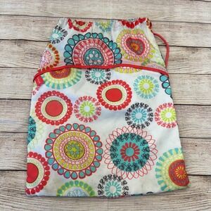 Thirty-One Cinch Sac Drawstring Backpack Medallion Print‎ White Red Teal Zipper
